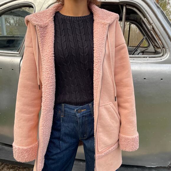 🔥GUESS Faux Sherpa Shearling suede fur Coat Jacket in Rose Pink Outdoor Rugged - Picture 3 of 16